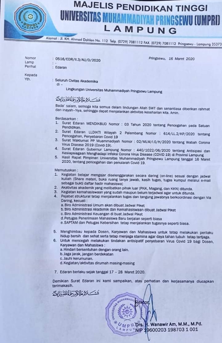 REKTOR UMPRI ambil kebijakan terkait pencegahan penyebaran Virus COVID 19.
